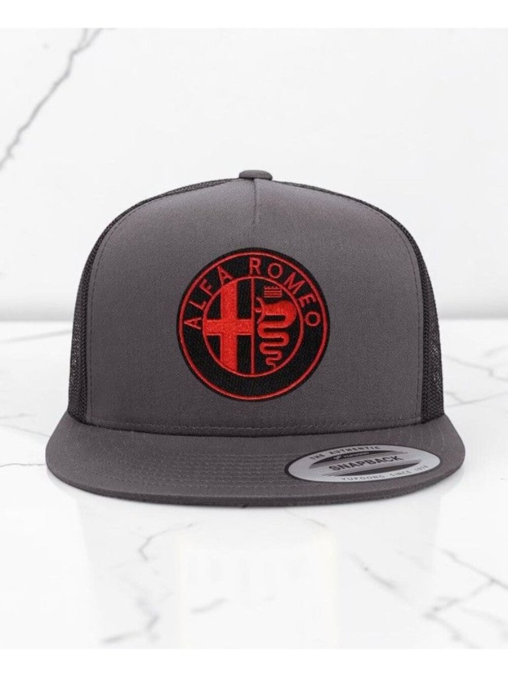 Alfa Romeo Red Patch on YP Flat Bill Trucker Hat Mesh Back Snapback charcoal/bla